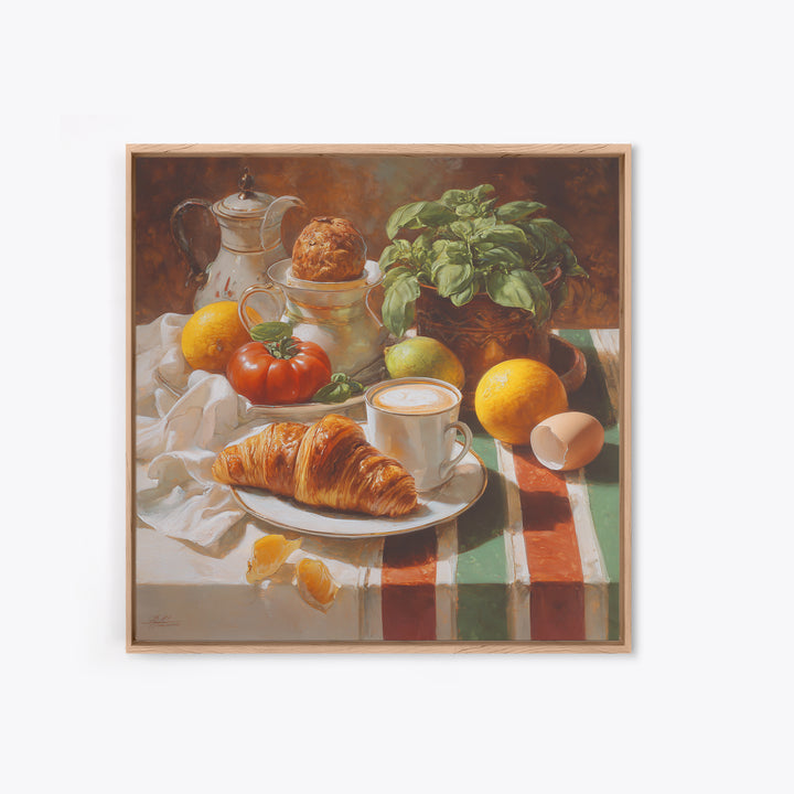 Croissant and Cappuccino on Striped Cloth Canvas Print, Coffee Shop Art, Wall Decor, Cafe Decor, Fine Art, Cafe, Kitchen Gift, CSA-1x1-77