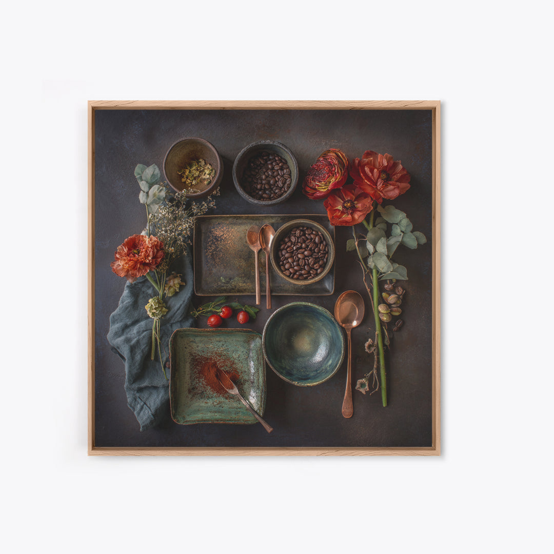 Moody Dark Roast Still Life Framed Canvas Print, Coffee Shop Art, Canvas Wall Art, Cafe Decor, Fine Art, Cafe, Bedroom Wall Art, CSA-1x1-8