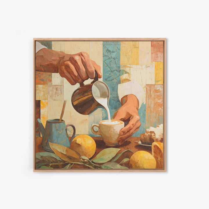 Barista Hands Pouring Milk into Espresso Framed Canvas Print, Coffee Shop Art, Wall Art, Cafe Decor, Oil Painting, Cafe, CSA-1x1-93