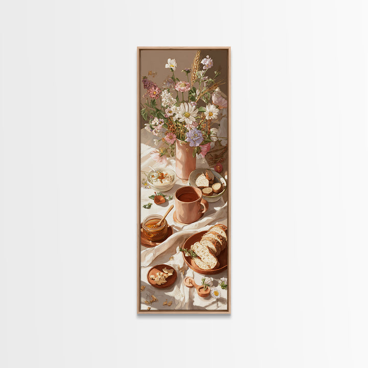 Ceramic Mug with Wildflowers Around It Framed Canvas Print, Coffee Shop Art, Minimalist Decor, Cafe Decor, Oil Painting, Cafe, CSA-1x3-4