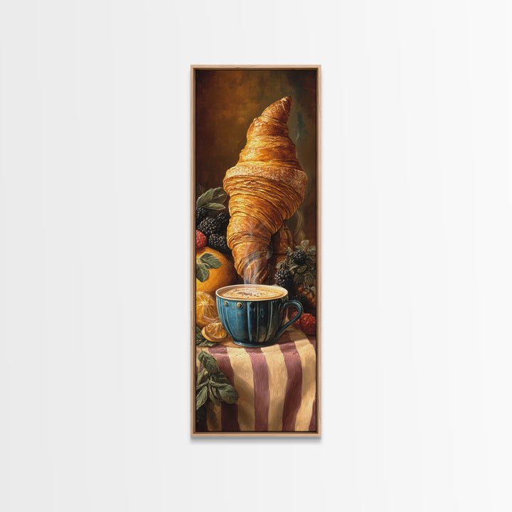 Croissant and Cappuccino on Striped Cloth Canvas Print, Coffee Shop Art, Moody Wall Art, Cafe Decor, Cafe, Luxury Decor, CSA-1x3-41