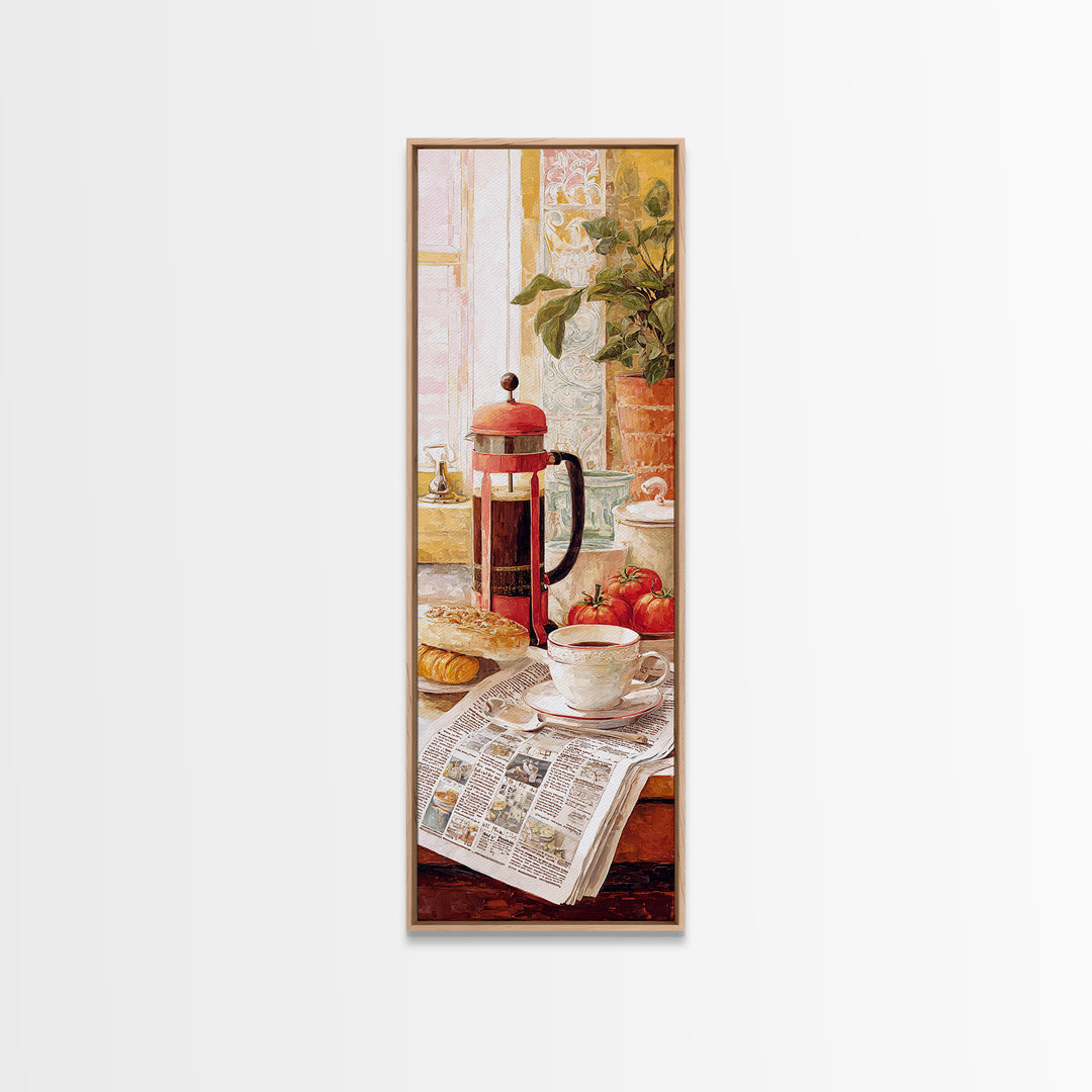 French Press and Morning Newspaper Without Readable Framed Canvas Print, Coffee Shop Art, Modern Decor, Cafe Decor, Cafe, CSA-1x3-46