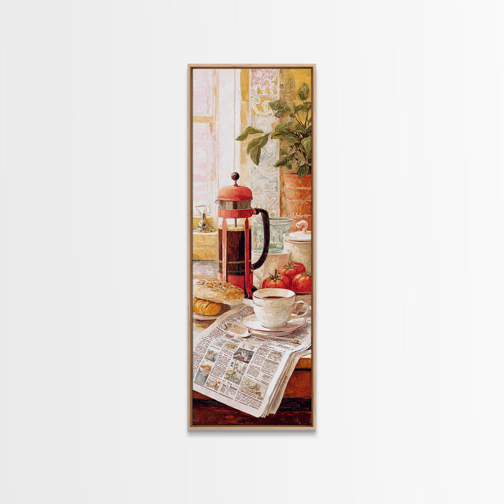 French Press and Morning Newspaper Without Readable Framed Canvas Print, Coffee Shop Art, Modern Decor, Cafe Decor, Cafe, CSA-1x3-46
