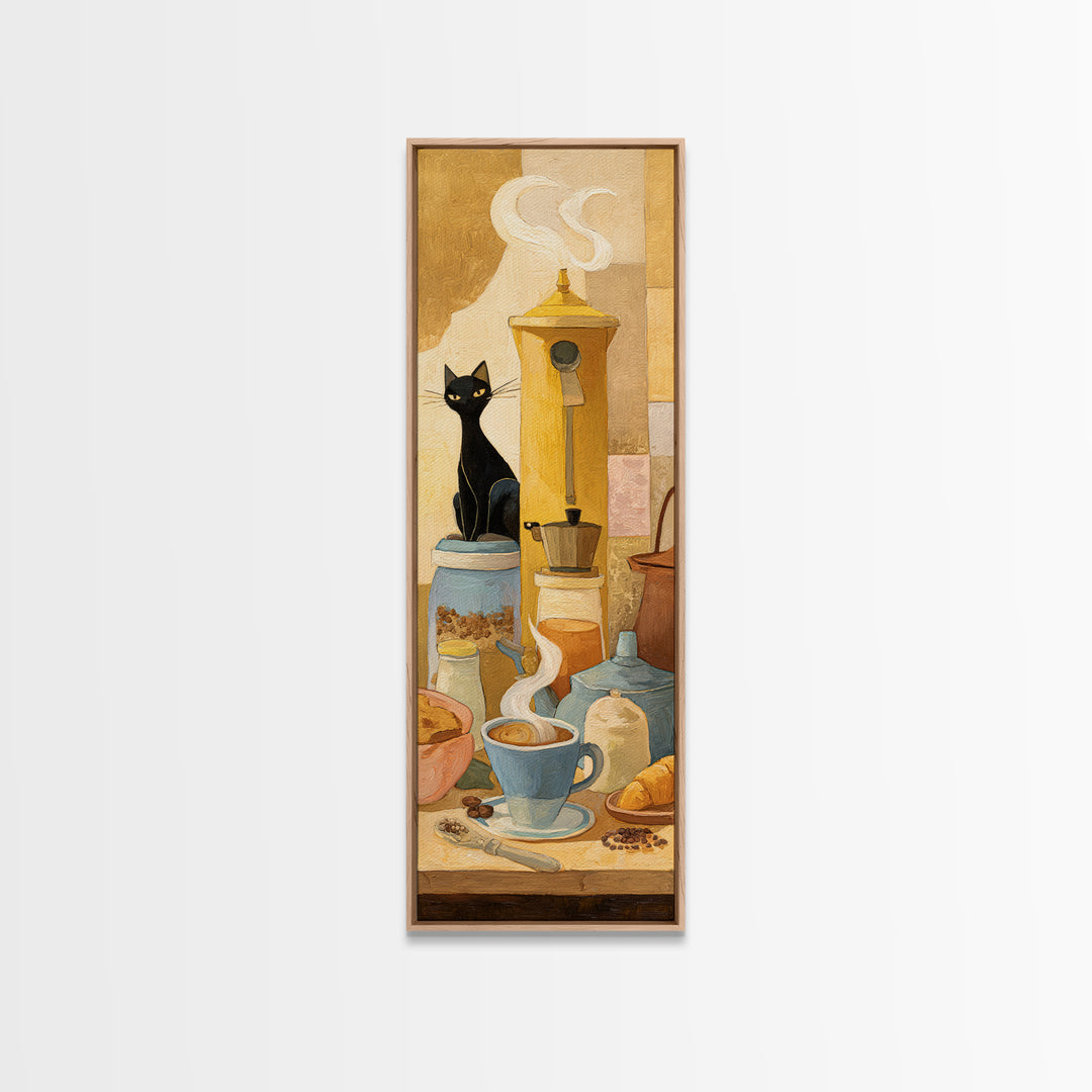 Black Cat Beside a Steaming Cup Framed Canvas Print, Coffee Shop Art, Fine Art Print, Cafe Decor, Fine Art, Cafe, Printable, CSA-1x3-50