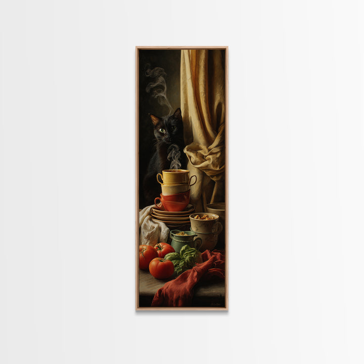 Black Cat Beside a Steaming Cup Framed Canvas Print, Coffee Shop Art, Fine Art Print, Cafe Decor, Fine Art, Cafe, Printable, CSA-1x3-74
