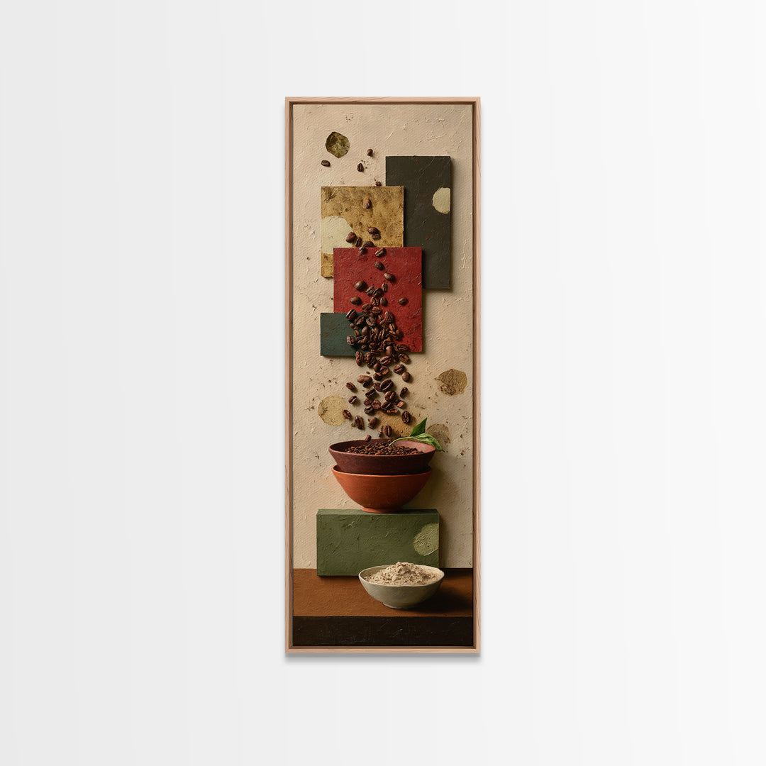 Roasted Beans Falling Through Dark Space Framed Canvas Print, Coffee Shop Art, Contemporary Art, Cafe Decor, Fine Art, Cafe, CSA-1x3-8