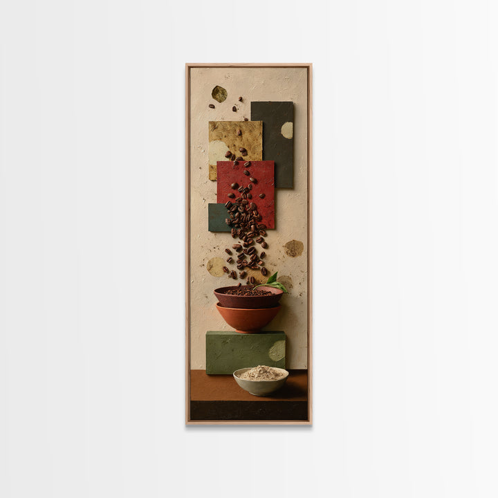 Roasted Beans Falling Through Dark Space Framed Canvas Print, Coffee Shop Art, Contemporary Art, Cafe Decor, Fine Art, Cafe, CSA-1x3-8