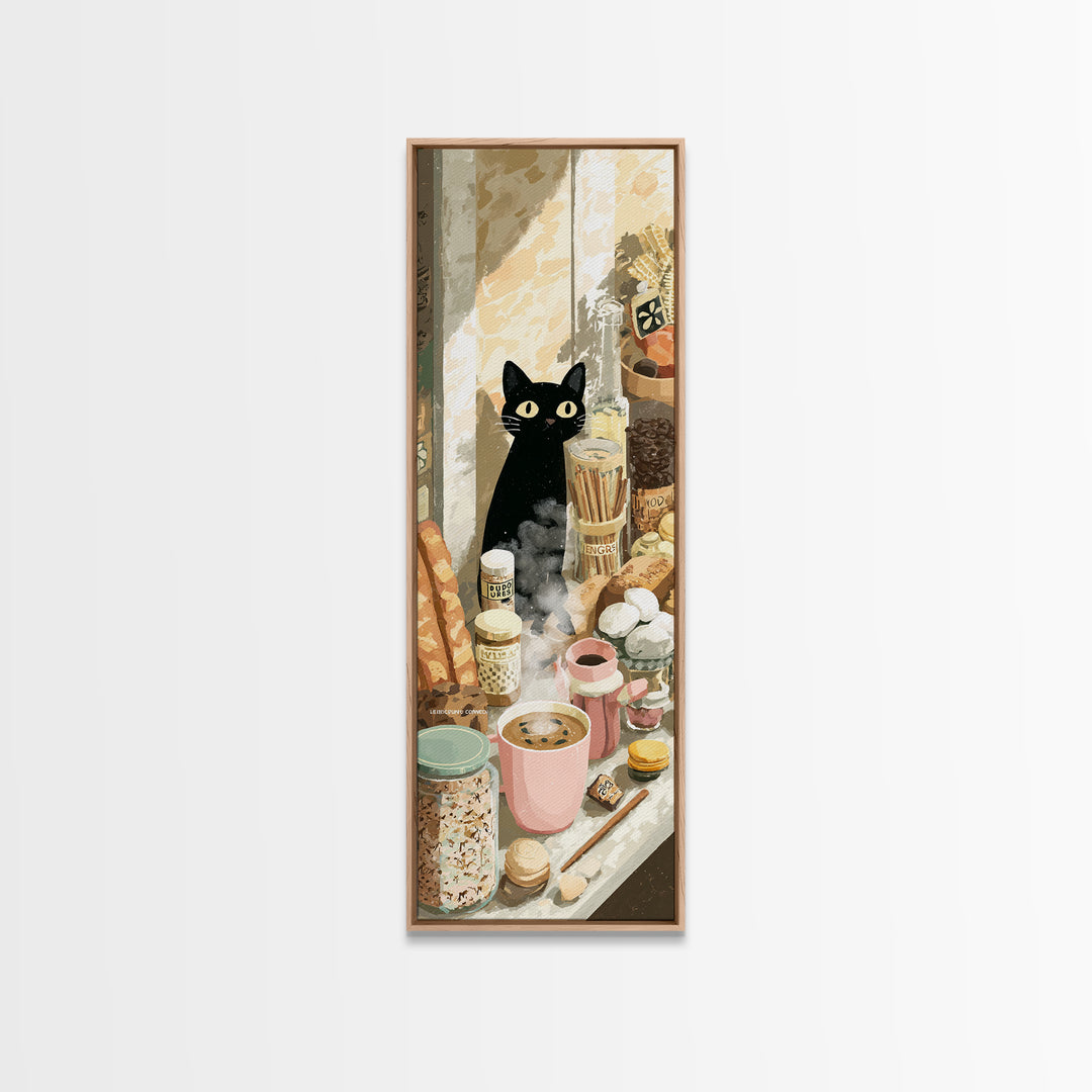 Black Cat Beside a Steaming Cup Canvas Print, Coffee Shop Art, Textured Painting, Cafe Decor, Fine Art, Cafe, Kitchen Decor, CSA-1x3-98