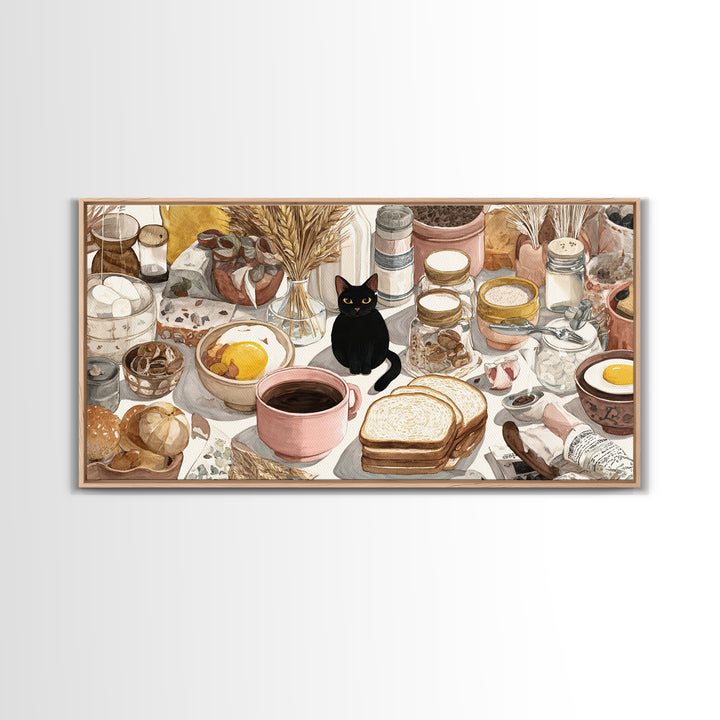 Black Cat Beside a Steaming Cup Framed Canvas Print, Coffee Shop Art, Contemporary Art, Cafe Decor, Cafe, Printable Art, CSA-2x1-10