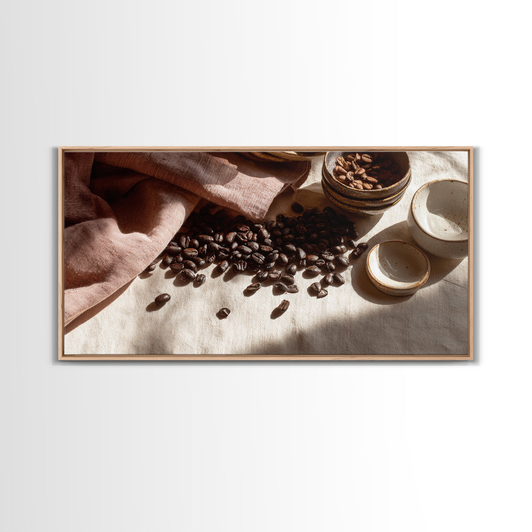 Roasted Beans Falling Through Dark Space Framed Canvas Print, Coffee Shop Art, Fine Art Print, Cafe Decor, Fine Art, Cafe, CSA-2x1-16