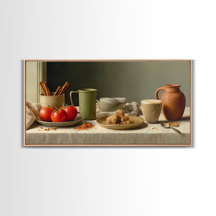 Cinnamon Sticks and Cappuccino Foam Still Life Framed Canvas Print, Coffee Shop Art, Statement Artwork, Cafe Decor, Cafe, CSA-2x1-20