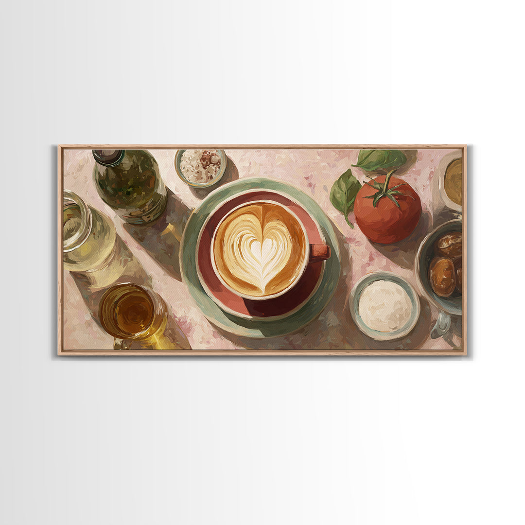Latte Art Heart Seen from Above Framed Canvas Print, Coffee Shop Art, Minimalist Decor, Cafe Decor, Cafe, Kitchen Wall Art, CSA-2x1-24