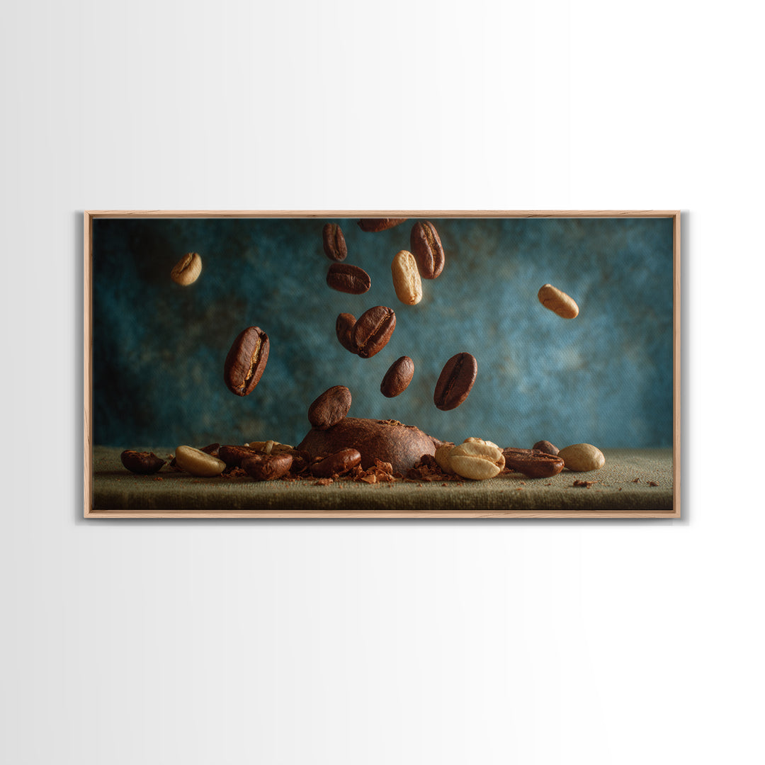 Roasted Beans Falling Through Dark Space Framed Canvas Print, Coffee Shop Art, Wall Decor, Cafe Decor, Fine Art, Cafe, CSA-2x1-40