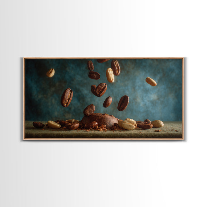 Roasted Beans Falling Through Dark Space Framed Canvas Print, Coffee Shop Art, Wall Decor, Cafe Decor, Fine Art, Cafe, CSA-2x1-40