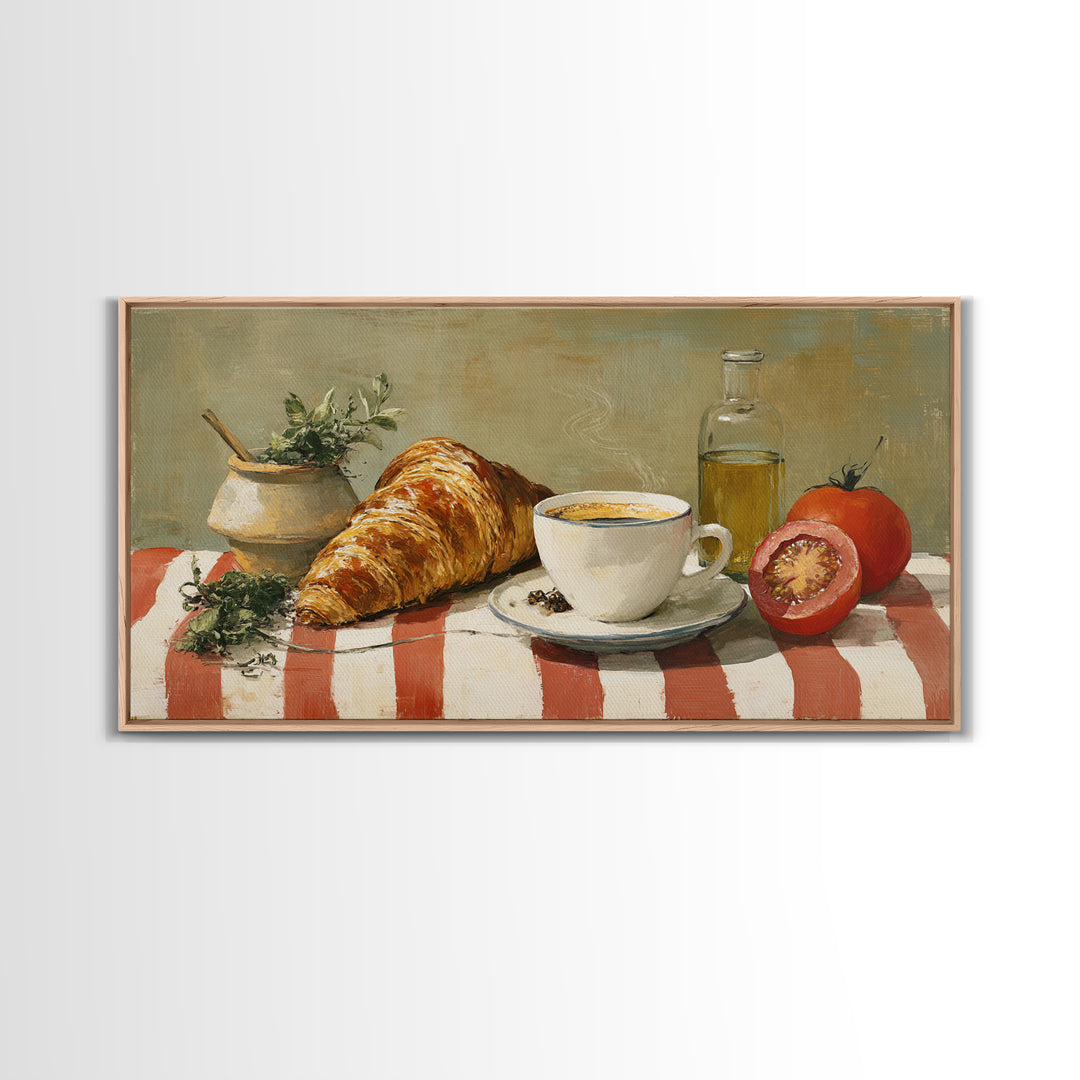 Croissant and Cappuccino on Striped Cloth Canvas Print, Coffee Shop Art, Kitchen Art, Cafe Decor, Cafe, Minimalist Wall Art, CSA-2x1-49