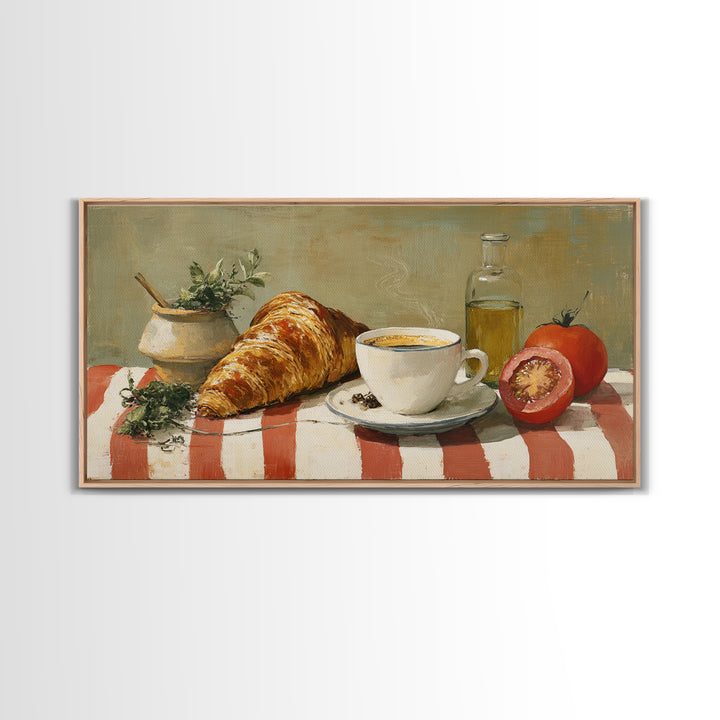 Croissant and Cappuccino on Striped Cloth Canvas Print, Coffee Shop Art, Kitchen Art, Cafe Decor, Cafe, Minimalist Wall Art, CSA-2x1-49
