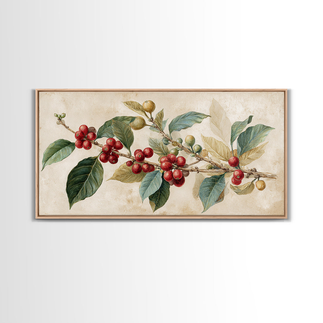 Botanical Coffee Plant Branch Framed Canvas Print, Coffee Shop Art, Coffee, Cafe Decor, Oil Painting, Cafe, Living Room Decor, CSA-2x1-50