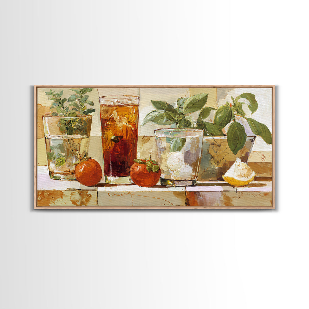 Iced Coffee Glass Framed Canvas Print, Coffee Shop Art, Dark Academia Decor, Cafe Decor, Fine Art, Cafe, Whimsical Art, CSA-2x1-55