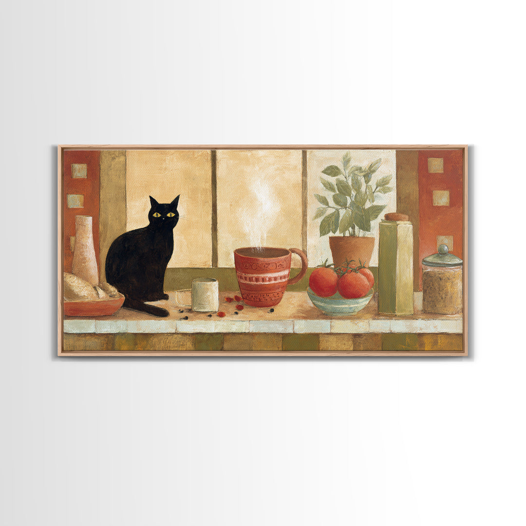 Black Cat Beside a Steaming Cup Canvas Print, Coffee Shop Art, Printable, Cafe Decor, Fine Art, Cafe, Dopamine Decor, CSA-2x1-58