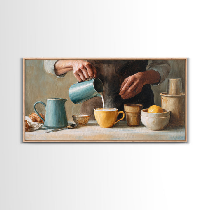 Barista Hands Pouring Milk into Espresso Framed Canvas Print, Coffee Shop Art, Printable Art, Cafe Decor, Abstract Art, Cafe, CSA-2x1-65