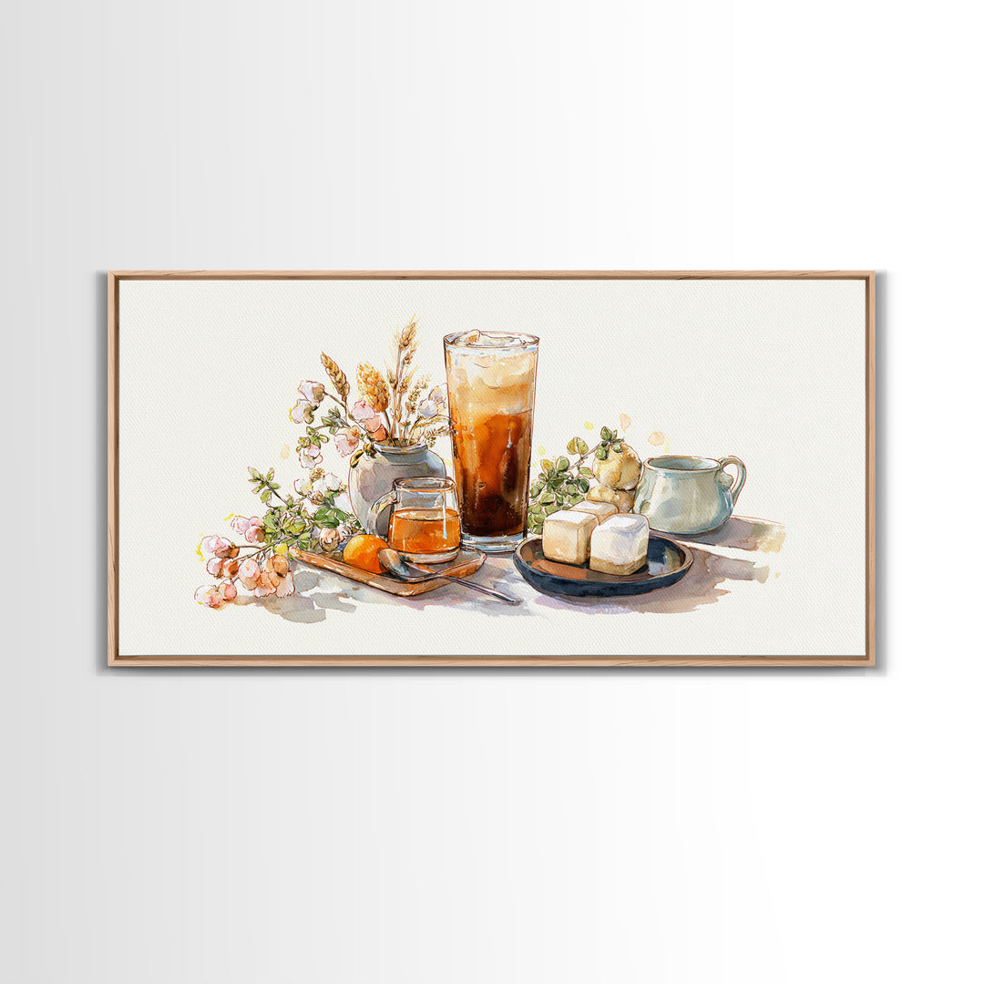 Iced Coffee Glass Framed Canvas Print, Coffee Shop Art, Food Art, Cafe Decor, Fine Art, Cafe, Minimalist Decor, CSA-2x1-79