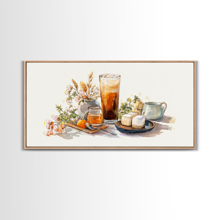 Iced Coffee Glass Framed Canvas Print, Coffee Shop Art, Food Art, Cafe Decor, Fine Art, Cafe, Minimalist Decor, CSA-2x1-79