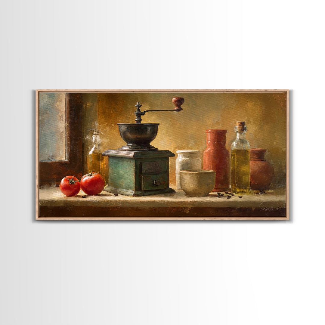 Coffee Grinder Antique Still Life Framed Canvas Print, Coffee Shop Art, Dopamine Decor, Cafe Decor, Cafe, Coffee Wall Art, CSA-2x1-80
