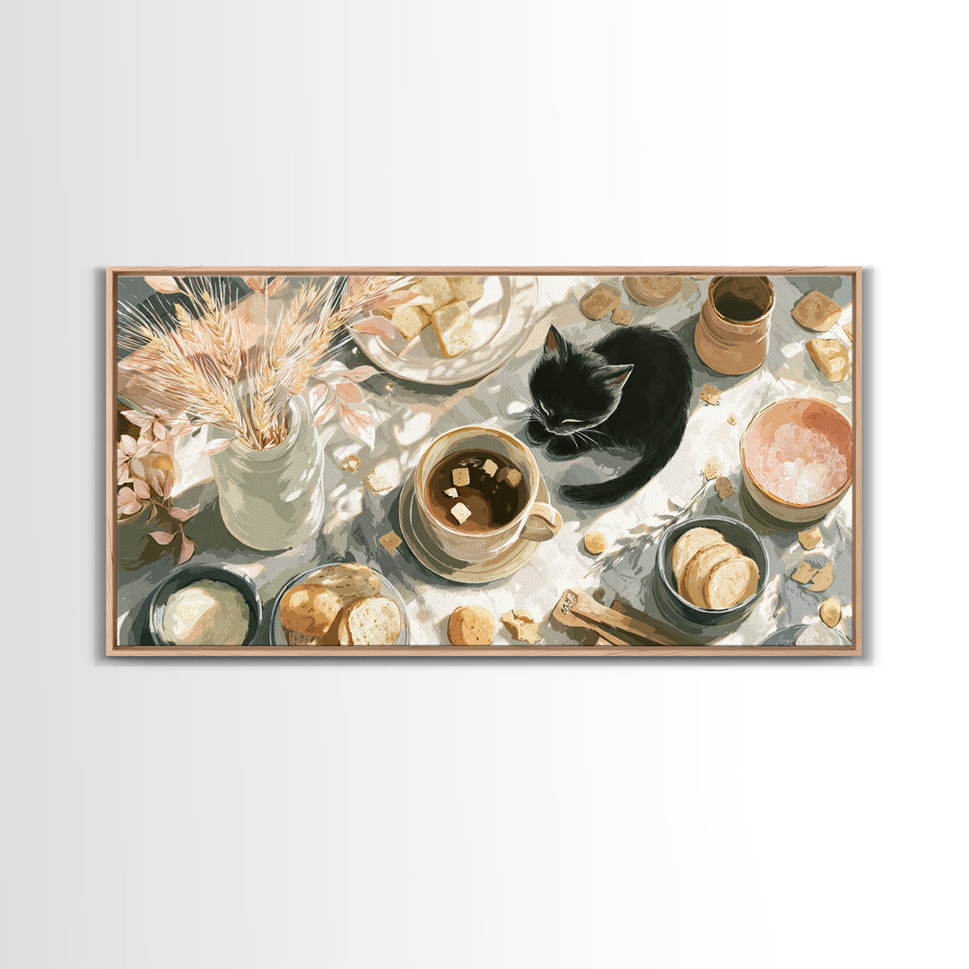 Black Cat Beside a Steaming Cup Canvas Print, Coffee Shop Art, Printable, Cafe Decor, Fine Art, Cafe, Dopamine Decor, CSA-2x1-82