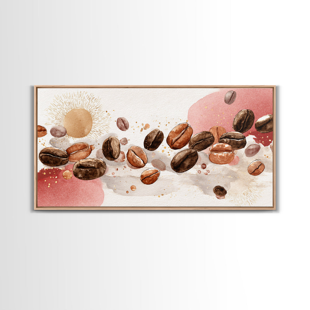 Roasted Beans Falling Through Dark Space Framed Canvas Print, Coffee Shop Art, Kitchen Art, Cafe Decor, Fine Art, Cafe, CSA-2x1-88