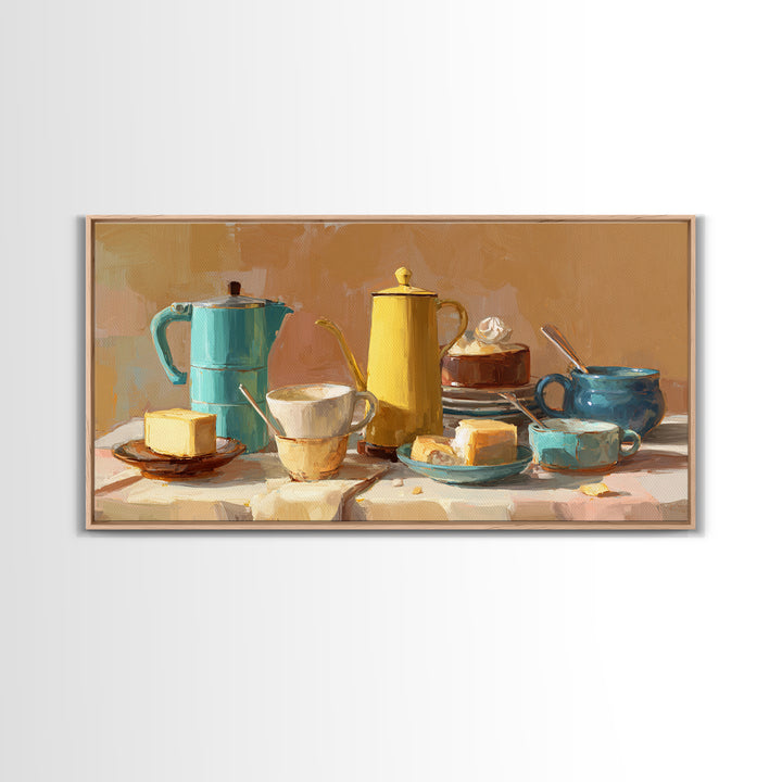 Mid Century Coffee Pot Framed Canvas Print, Coffee Shop Art, Digital Wall Art, Cafe Decor, Oil Painting, Cafe, Bedroom Wall Art, CSA-2x1-90
