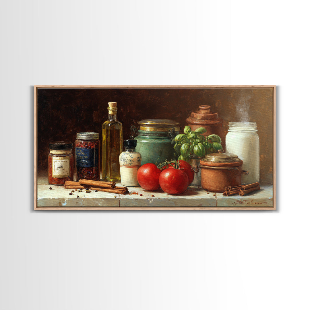 Cinnamon Sticks and Cappuccino Foam Still Life Framed Canvas Print, Coffee Shop Art, Kitchen Gift, Cafe Decor, Oil Painting, CSA-2x1-92