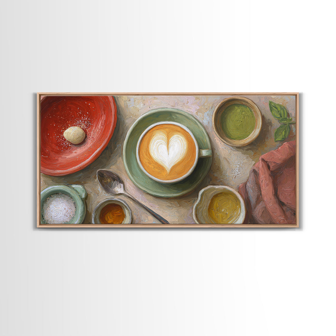 Latte Art Heart Seen from Above Framed Canvas Print, Coffee Shop Art, Kitchen Wall Decor, Cafe Decor, Oil Painting, Cafe, CSA-2x1-96