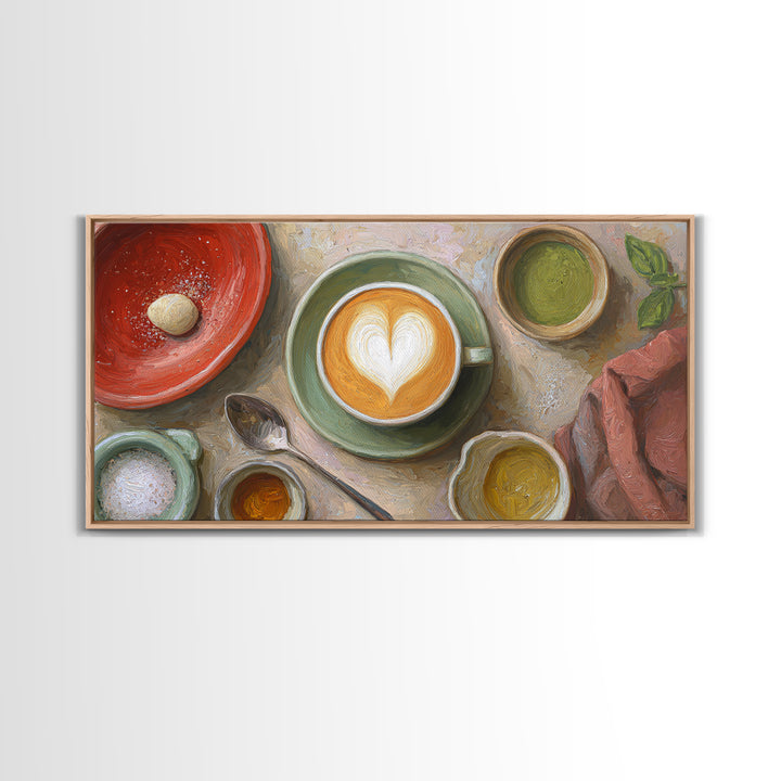 Latte Art Heart Seen from Above Framed Canvas Print, Coffee Shop Art, Kitchen Wall Decor, Cafe Decor, Oil Painting, Cafe, CSA-2x1-96