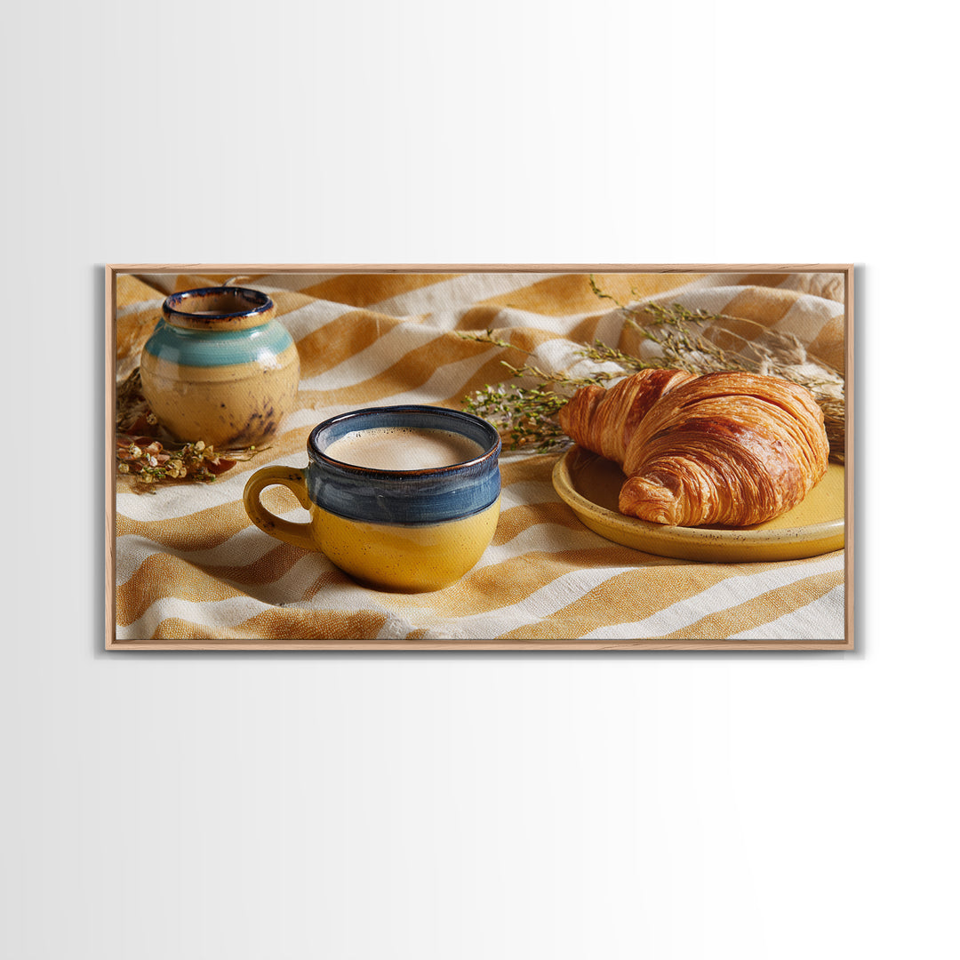 Croissant and Cappuccino on Striped Cloth Framed Canvas Print, Coffee Shop Art, Canvas Print, Cafe Decor, Fine Art, Cafe, CSA-2x1-97