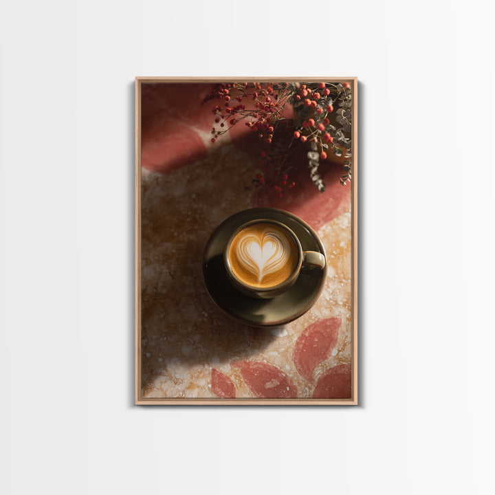Latte Art Heart Seen from Above Framed Canvas Print, Coffee Shop Art, Digital Wall Art, Cafe Decor, Oil Painting, Cafe, CSA-2x3-12