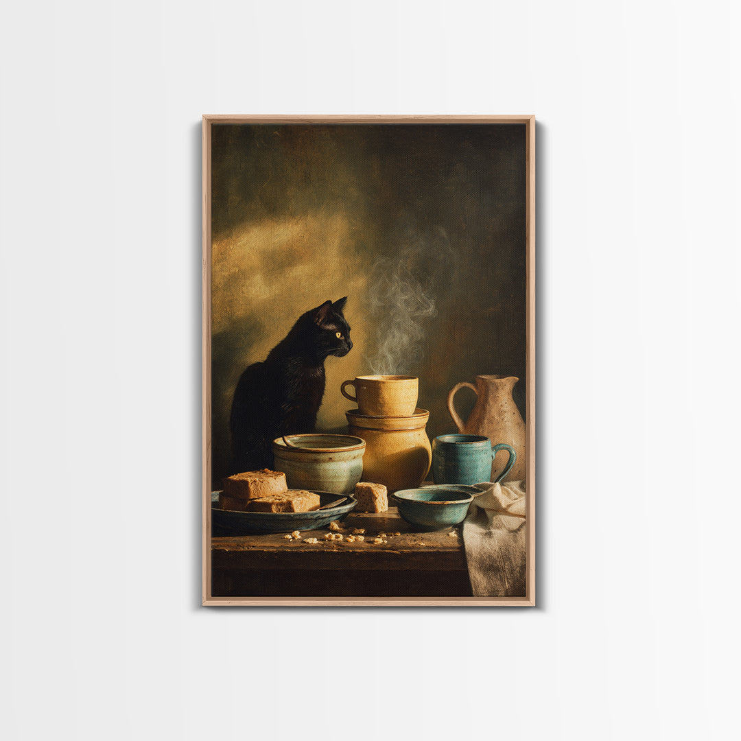 Black Cat Beside a Steaming Cup Framed Canvas Print, Coffee Shop Art, Wall Decor, Cafe Decor, Fine Art, Cafe, Kitchen Gift, CSA-2x3-22