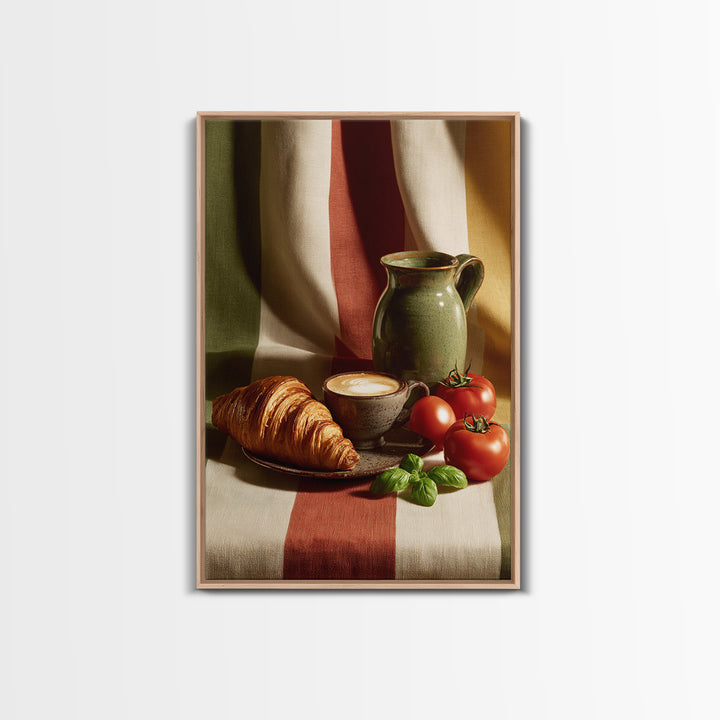 Croissant and Cappuccino on Striped Cloth Framed Canvas Print, Coffee Shop Art, Kitchen Wall Art, Cafe Decor, Fine Art, Cafe, CSA-2x3-37