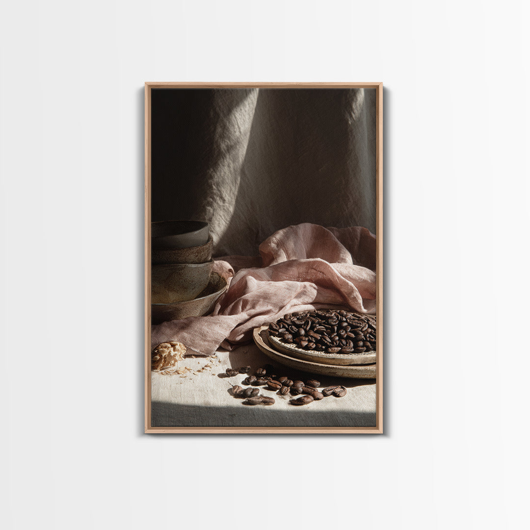 Roasted Beans Falling Through Dark Space Framed Canvas Print, Coffee Shop Art, Contemporary Art, Cafe Decor, Fine Art, Cafe, CSA-2x3-4