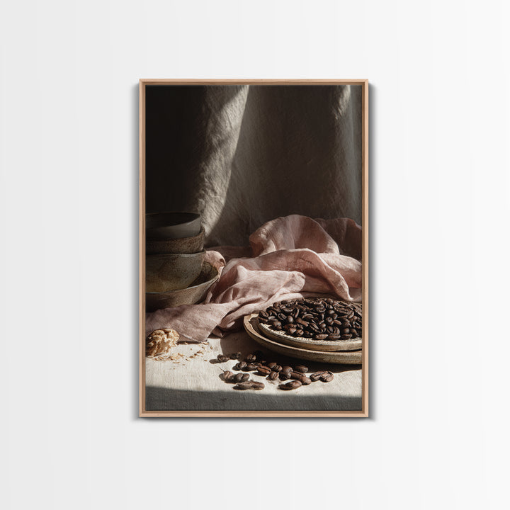 Roasted Beans Falling Through Dark Space Framed Canvas Print, Coffee Shop Art, Contemporary Art, Cafe Decor, Fine Art, Cafe, CSA-2x3-4