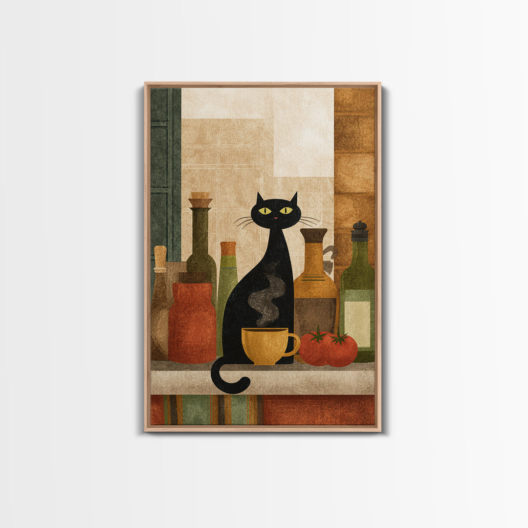 Black Cat Beside a Steaming Cup Framed Canvas Print, Coffee Shop Art, Wall Decor, Cafe Decor, Fine Art, Cafe, Kitchen Gift, CSA-2x3-46