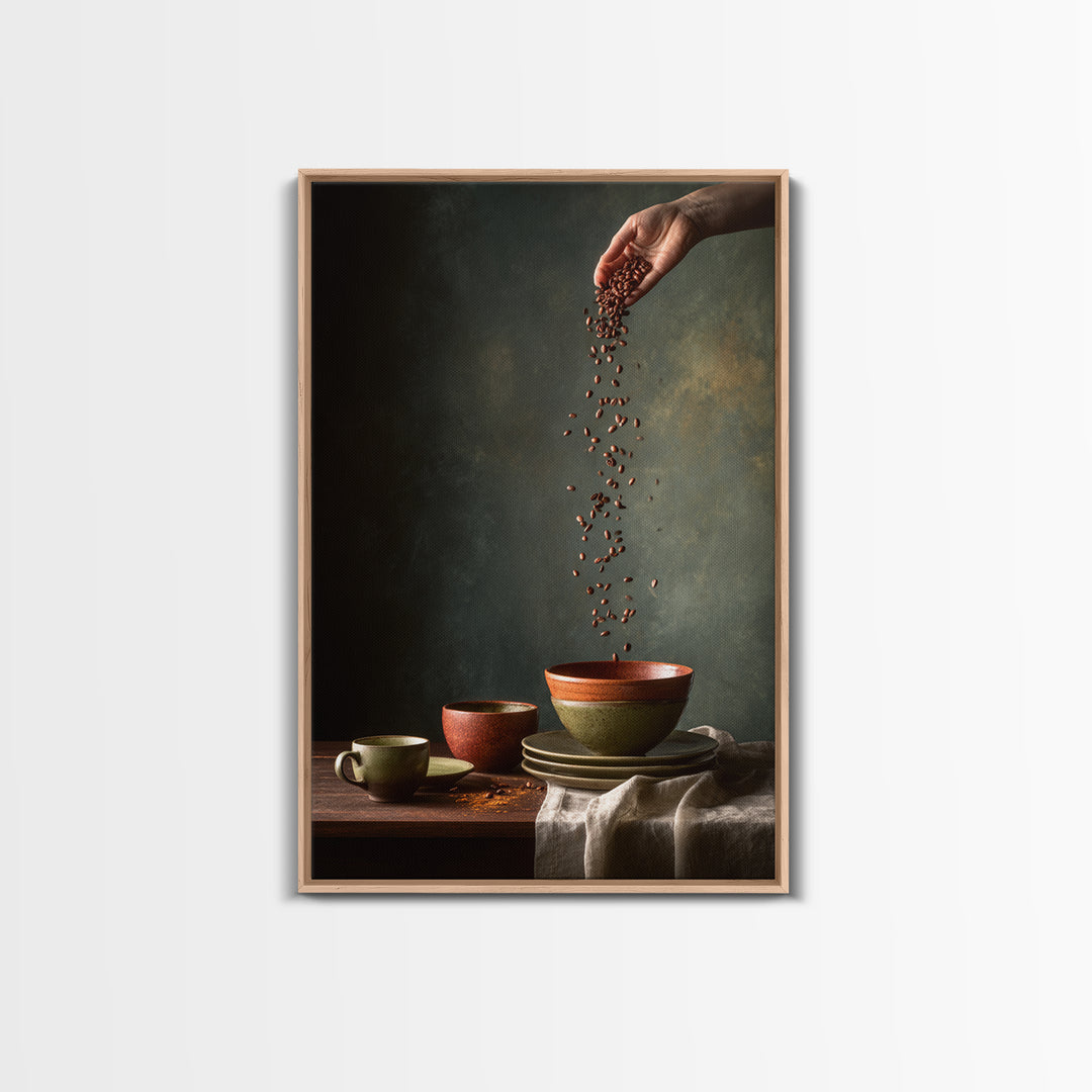 Roasted Beans Falling Through Dark Space Framed Canvas Print, Coffee Shop Art, Wall Decor, Cafe Decor, Fine Art, Cafe, CSA-2x3-52