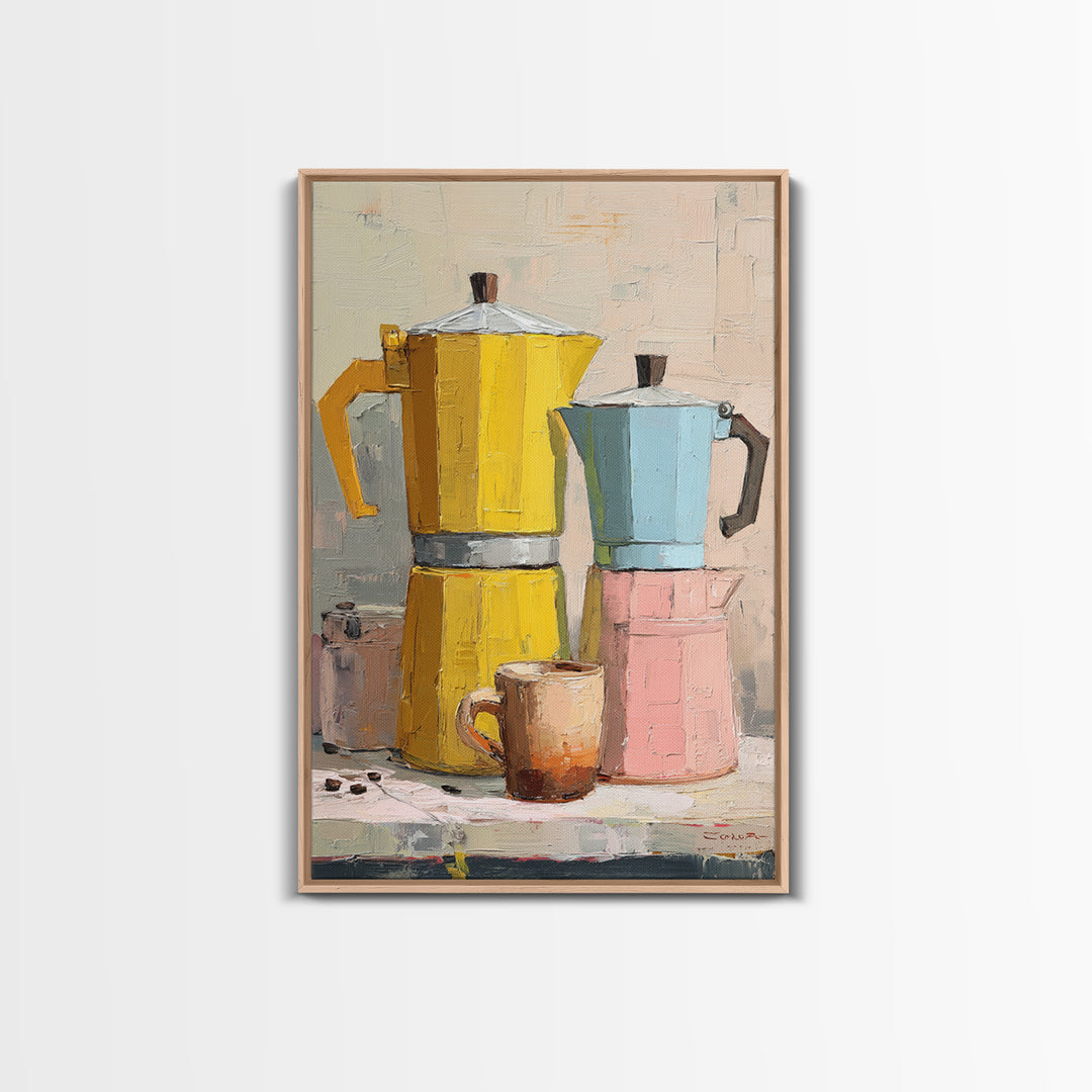 Mid Century Coffee Pot Framed Canvas Print, Coffee Shop Art, Minimalist Decor, Cafe Decor, Fine Art, Cafe, Kitchen Wall Art, CSA-2x3-6