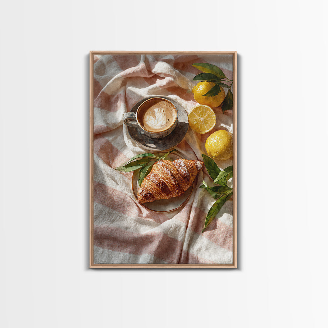 Croissant and Cappuccino on Striped Cloth Canvas Print, Coffee Shop Art, Dark Academia Decor, Cafe Decor, Fine Art, Cafe, CSA-2x3-61