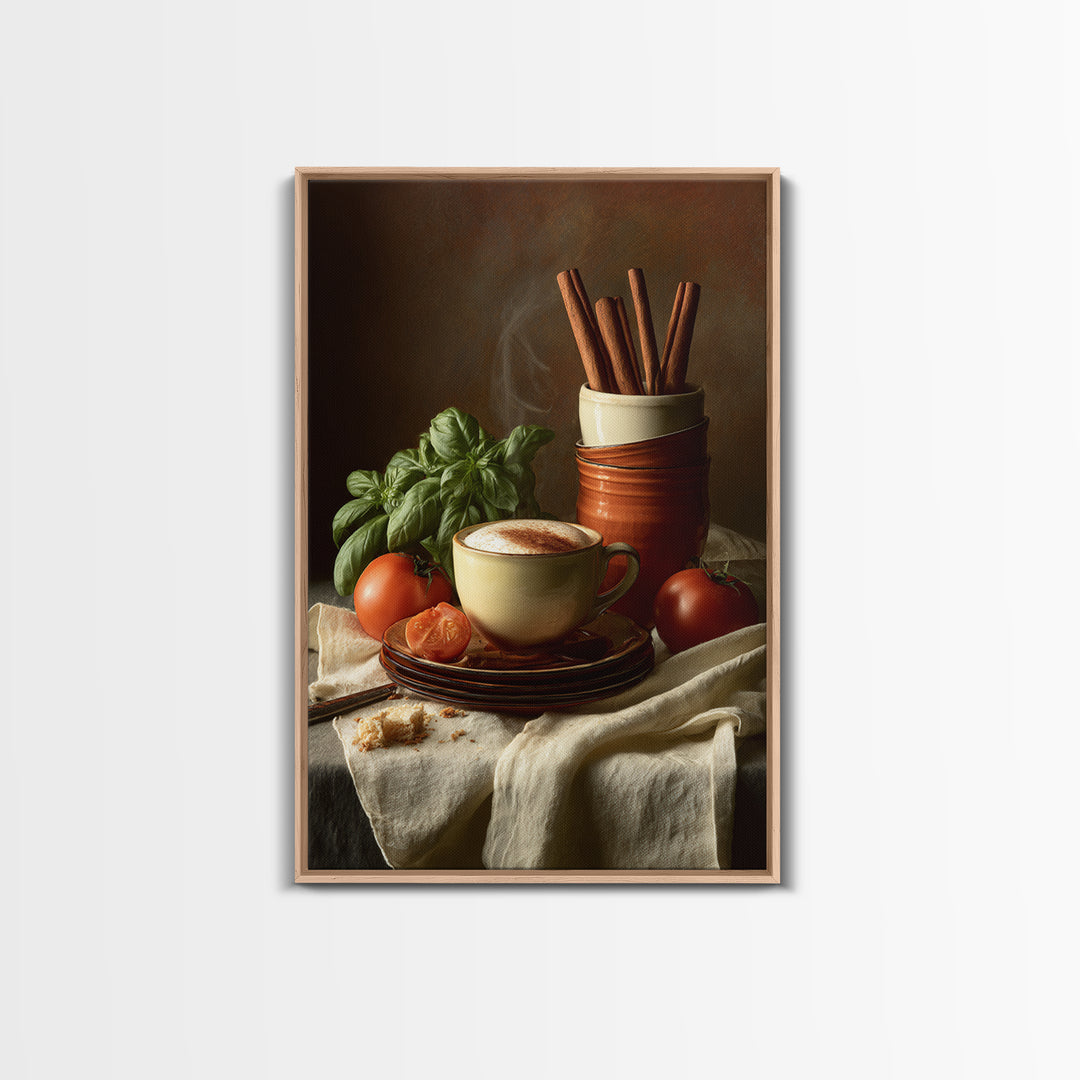 Cinnamon Sticks and Cappuccino Foam Still Life Framed Canvas Print, Coffee Shop Art, Whimsical Art, Cafe Decor, Oil Painting, CSA-2x3-8
