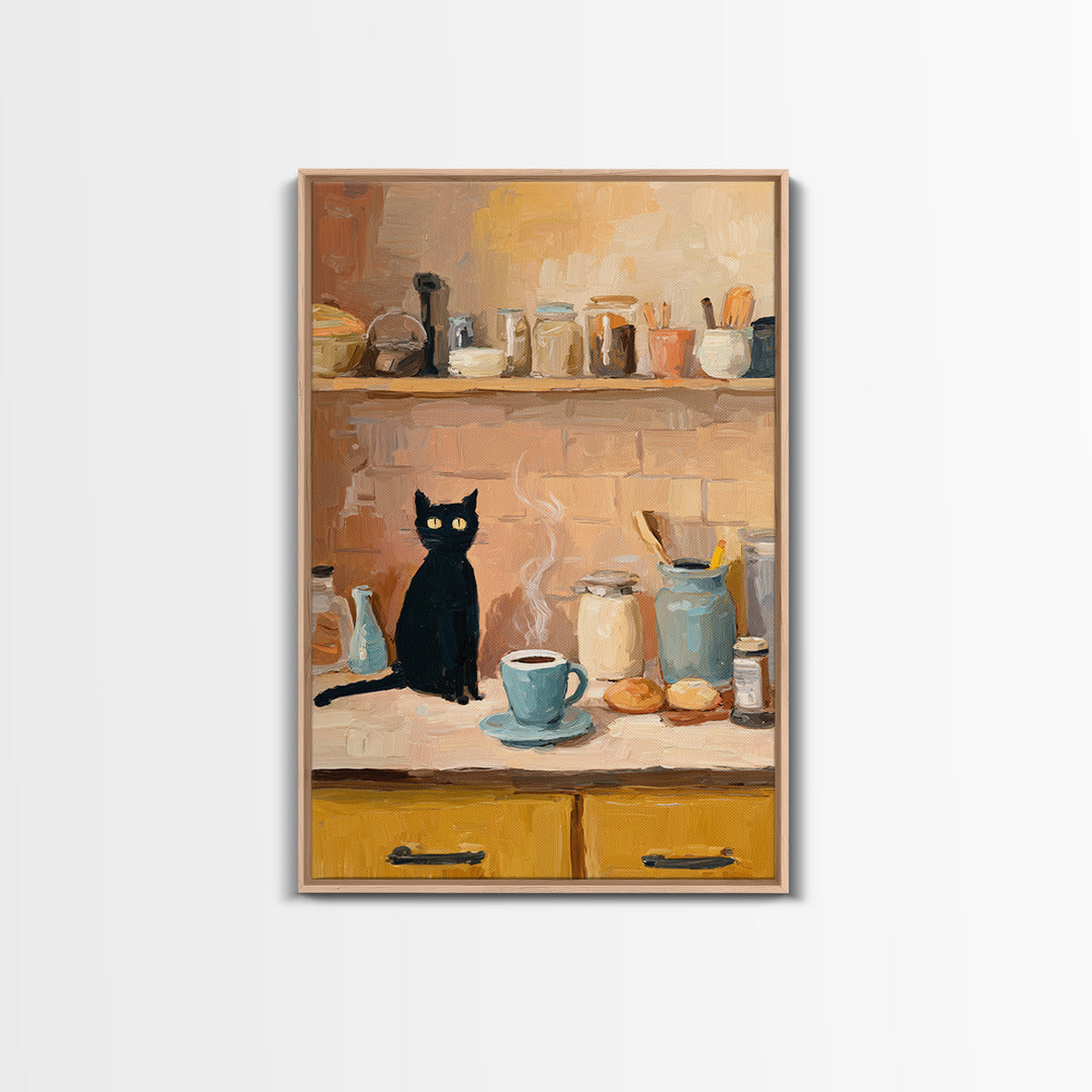 Black Cat Beside a Steaming Cup Framed Canvas Print, Coffee Shop Art, Kitchen Art, Cafe Decor, Cafe, Minimalist Wall Art, CSA-2x3-94