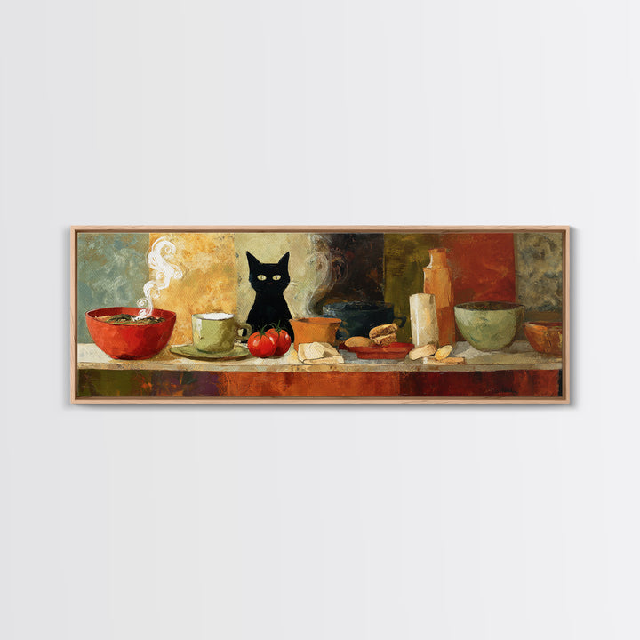Black Cat Beside a Steaming Cup Canvas Print, Coffee Shop Art, Printable, Cafe Decor, Fine Art, Cafe, Dopamine Decor, CSA-3x1-30