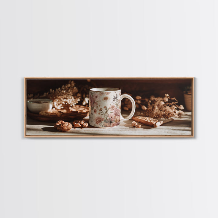 Ceramic Mug with Wildflowers Around It Framed Canvas Print, Coffee Shop Art, Coffee Wall Art, Cafe Decor, Fine Art, Cafe, CSA-3x1-32