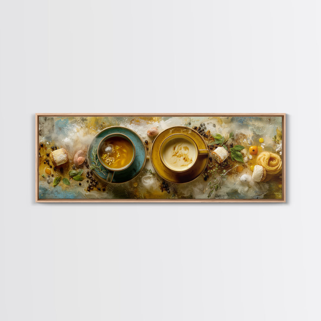 Two Cups Facing Each Other Framed Canvas Print, Coffee Shop Art, Coffee Art, Cafe Decor, Fine Art, Cafe, Textured Painting, CSA-3x1-53