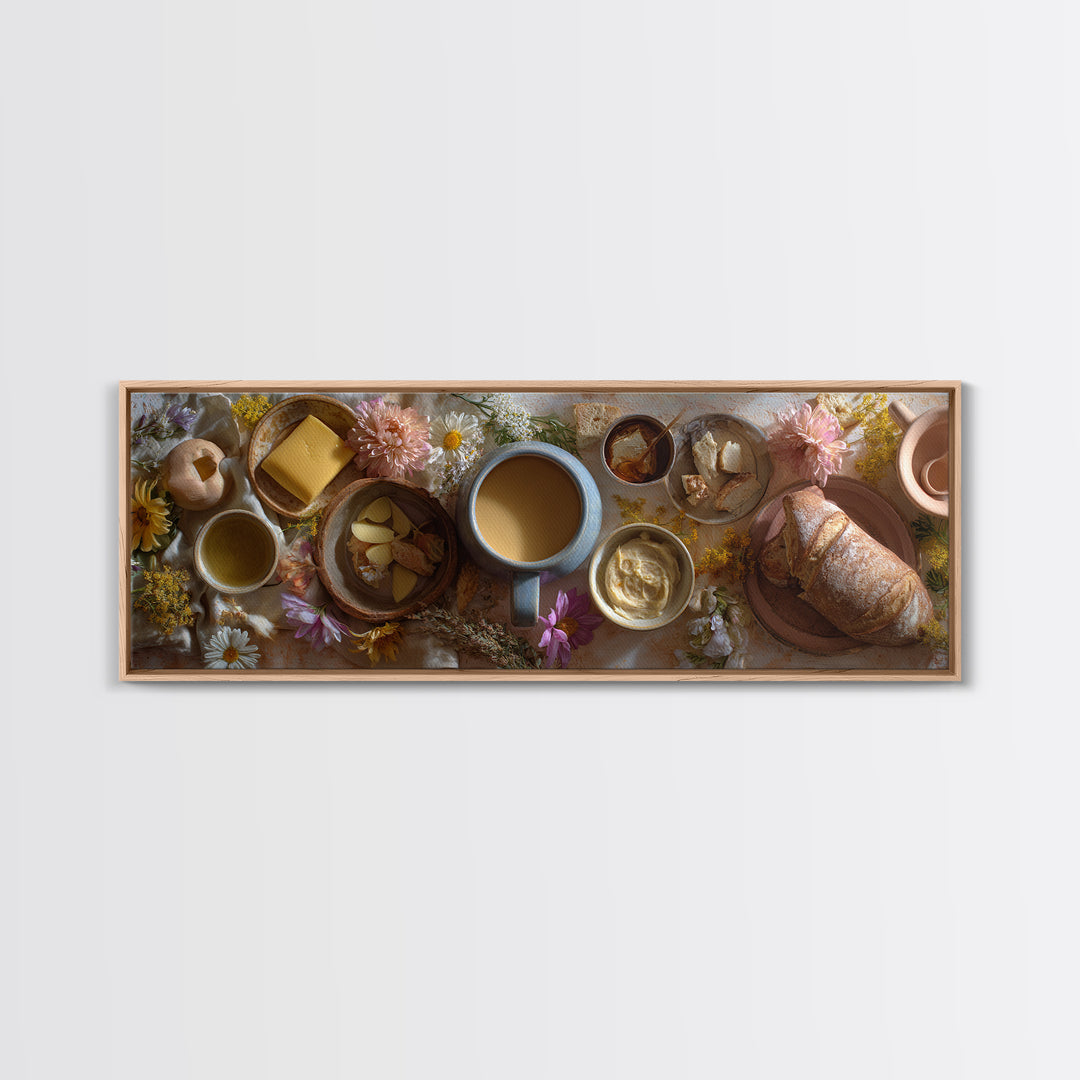 Ceramic Mug with Wildflowers Around It Framed Canvas Print, Coffee Shop Art, Minimalist Decor, Cafe Decor, Oil Painting, Cafe, CSA-3x1-56