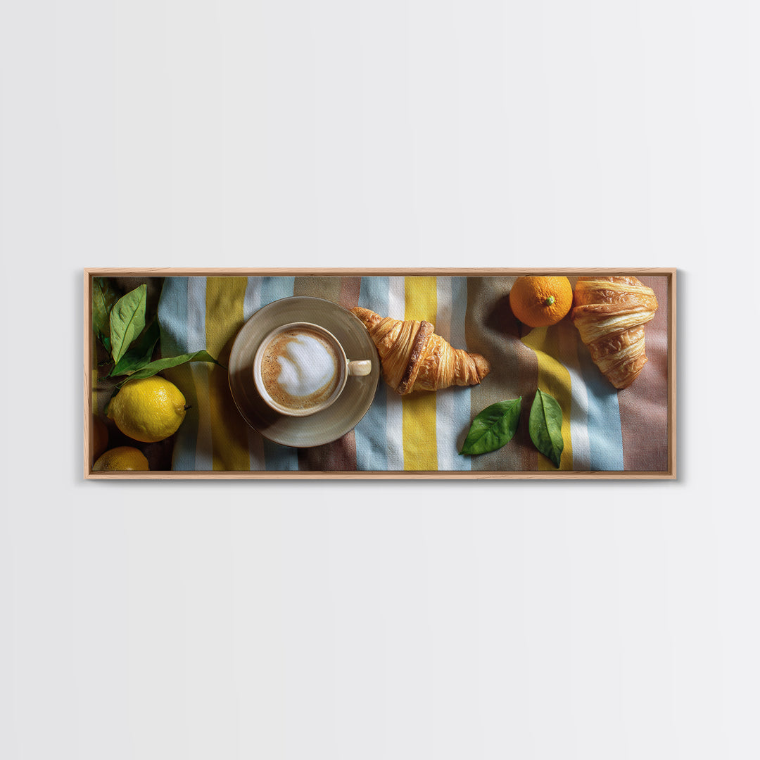 Croissant and Cappuccino on Striped Cloth Framed Canvas Print, Coffee Shop Art, Gallery Decor, Cafe Decor, Fine Art, Cafe, CSA-3x1-69